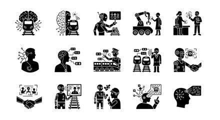 Fototapeta premium A futuristic icon pack featuring human, robot, and railway AI technology concepts in a bold black vector style.