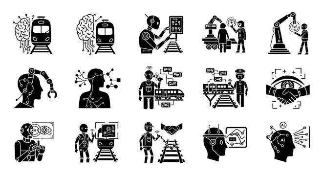 Set of 15 advanced black glyph icons representing smart railway systems powered by AI and human-robot collaboration.