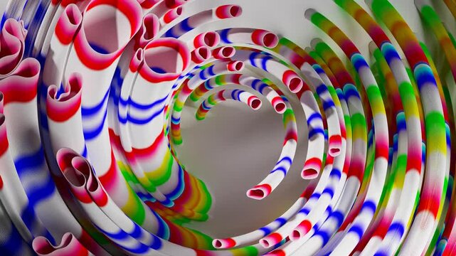 3d render of abstract art, video animation of surreal circles, ropes on a curve, wavy organic lines, forms in a deformation transformation process in purple and white, and blue gradient color