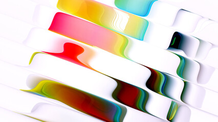 3d render of abstract art of a surreal 3d background based on liquid glass sticks in rotation movement in curved wavy, smooth and soft organic lines forms in white and color gradient parts