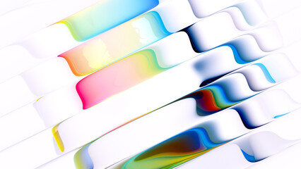 3d render of abstract art of a surreal 3d background based on liquid glass sticks in rotation movement in curved wavy, smooth and soft organic lines forms in white and color gradient parts