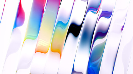 3d render of abstract art of a surreal 3d background based on liquid glass sticks in rotation movement in curved wavy, smooth and soft organic lines forms in white and color gradient parts