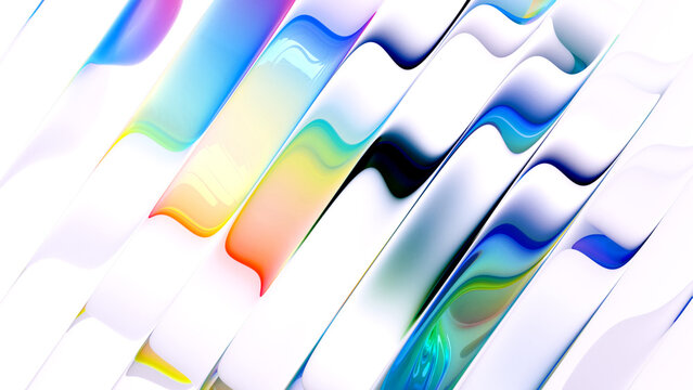 3d render of abstract art of a surreal 3d background based on liquid glass sticks in rotation movement in curved wavy, smooth and soft organic lines forms in white and color gradient parts