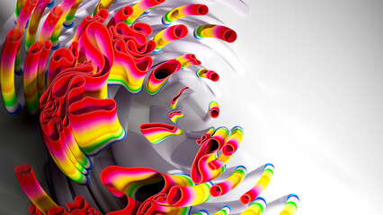 3d render of abstract art of surreal circles, ropes on a curve, wavy organic lines, forms in a deformation transformation process in purple and white, and blue gradient color