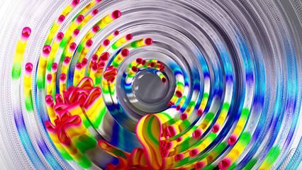 3d render of abstract art of surreal circles, ropes on a curve, wavy organic lines, forms in a deformation transformation process in purple and white, and blue gradient color