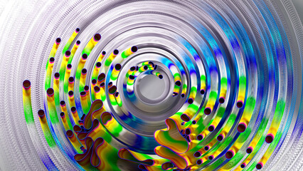 3d render of abstract art of surreal circles, ropes on a curve, wavy organic lines, forms in a deformation transformation process in purple and white, and blue gradient color