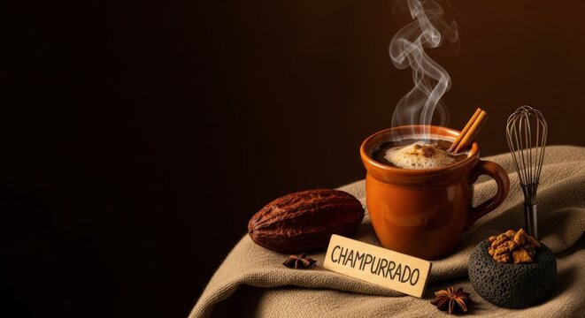 Champurrado Chocolate Atole in J&iacute;cara Gourd Cup with Cacao Whisk and Traditional Corte Cloth with Left Deep Brown Negative Space