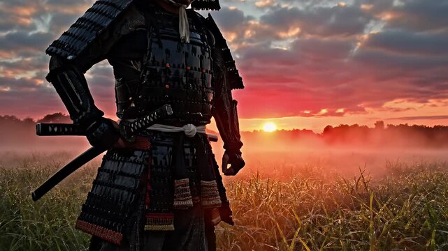 Solitary armored samurai silhouette standing among tall grasses at sunset