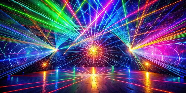 A vibrant spectacle of multicolored laser beams converging on a polished wooden floor, creating a mesmerizing display of light and color.