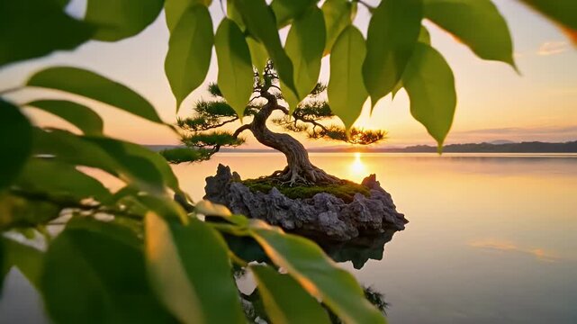 Solitary windswept pine perched on rugged rock amid tranquil waters at sunset