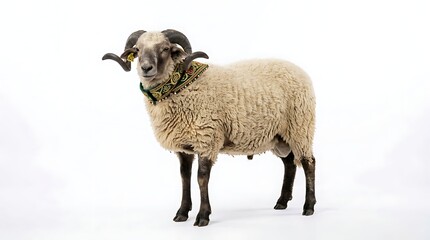 Fototapeta premium Ram with curly horns stands isolated on white background livestock concept