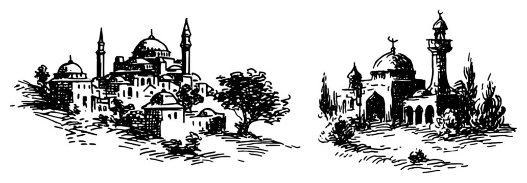 Mosque architecture with domes and minarets in Middle Eastern sketch style