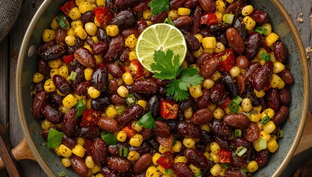 Chili-infused corn and bean salad. Tasty plant-based dish.
