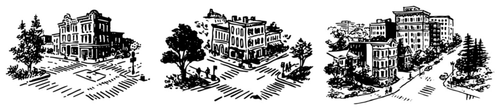Urban street corners and apartment buildings in hand drawn sketch style
