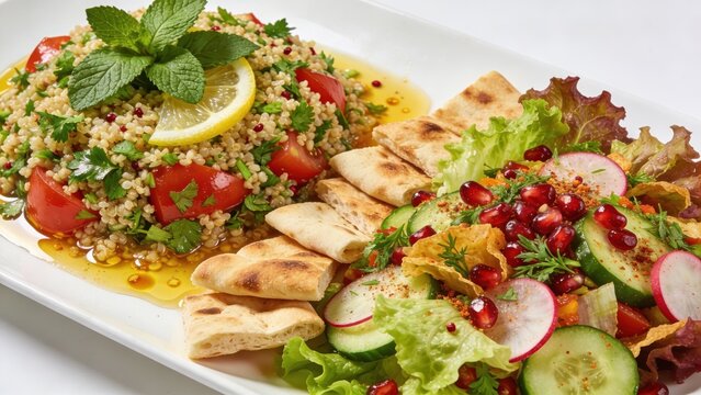 Fattouch and tabbouleh, traditional Lebanese salads, on a white background.