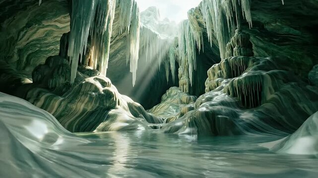 Submerged turquoise cavern with hanging stalactites and shimmering water guiding toward a luminous opening