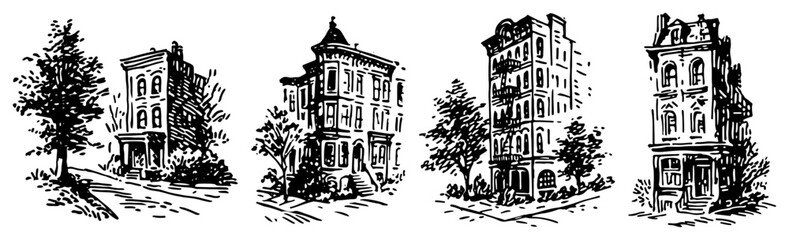 Naklejka premium Urban townhouse buildings and city apartment houses in vintage ink sketch style