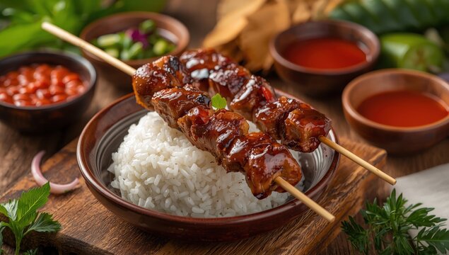 Grilled pork skewers with sticky rice, known as Moo ping.