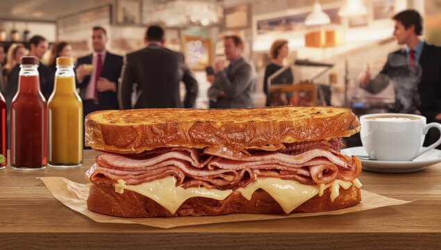 Grilled sandwich with pulled pork, ham, and Swiss cheese.
