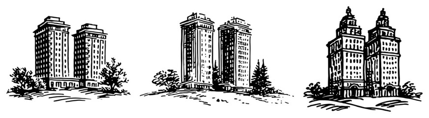 Apartment towers and high-rise residential buildings in classic ink sketch style © Amelia