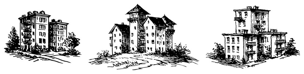 Naklejka premium Apartment buildings and urban residential blocks in hand drawn sketch style