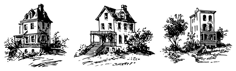 Fototapeta premium Victorian houses and residential buildings architectural set in vintage etching style