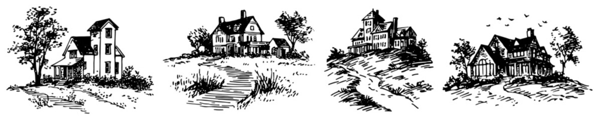 Naklejka premium Rural countryside houses with winding paths and landscape in hand drawn etching style
