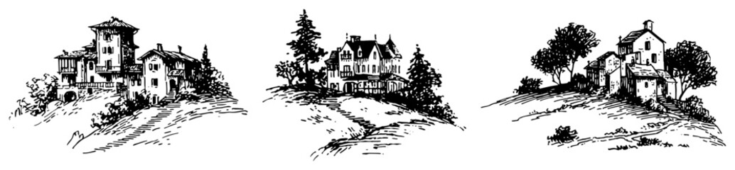 Naklejka premium Majestic mansion estates on rolling hills with trees in vintage woodcut style