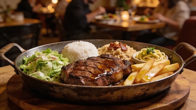 Steak on a metal dish accompanied by beans, rice, farofa, fries, pasta, and cabbage.