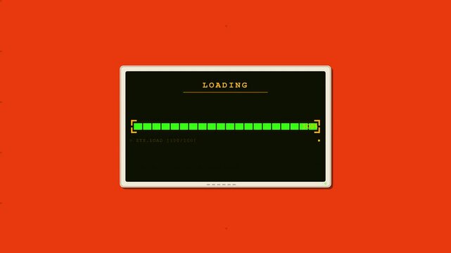 Retro Style Loading Screen With Green Progress Bar On A Black Background Displayed Within A Rectangular Frame Set Against A Solid Orange Backdrop