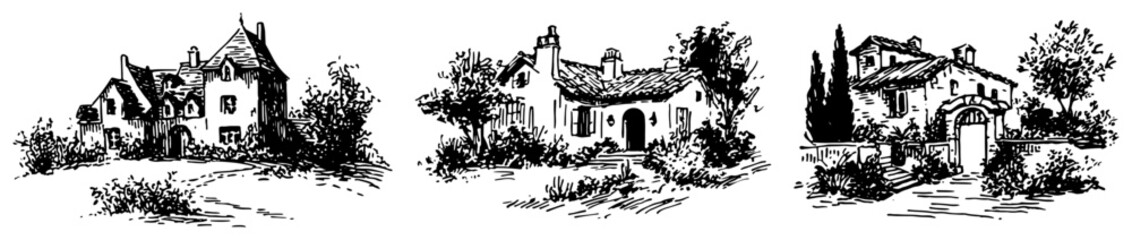 Obraz premium Mediterranean stone villas and country manors in landscape engraving style