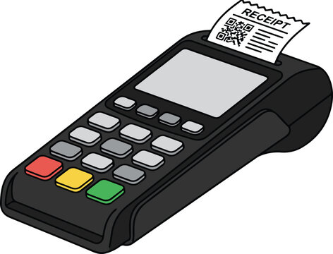 Payment Terminal POS Device with Numeric Keypad, Colored Function Buttons and Printed Receipt Featuring QR Code, Clean Isometric Flat Design Vector Illustration
