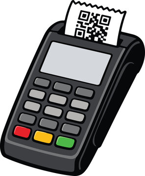 Payment Terminal POS Machine with QR Code Receipt, Numeric Keypad and Colored Function Buttons, Isometric Flat Design Vector Illustration
