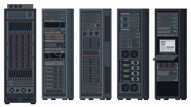 Collection of industrial data center server racks with networking hardware and monitor console isolated on white, concept for cloud computing infrastructure, big data storage and network management