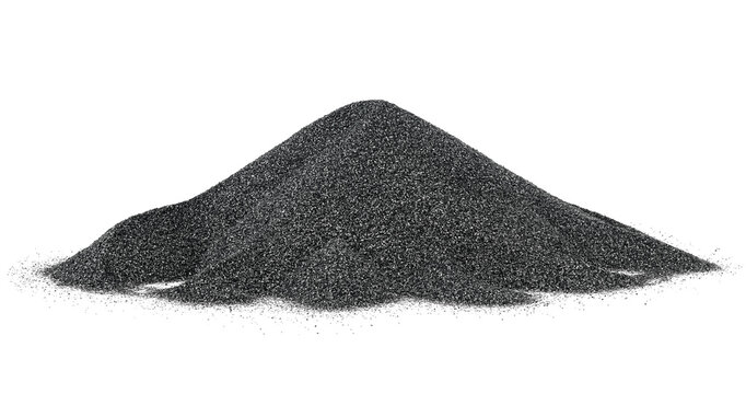 Pile of black quartz sand isolated on a white background. Crushed quartz. Industrial fraction is used in construction materials.