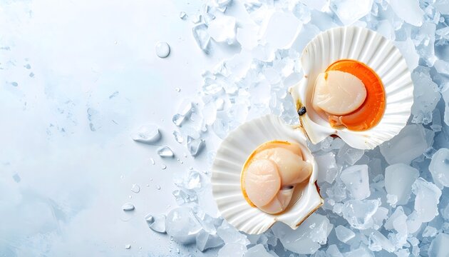 Fresh raw scallops in open shells nestled on a bed of ice cubes with a clean light blue background