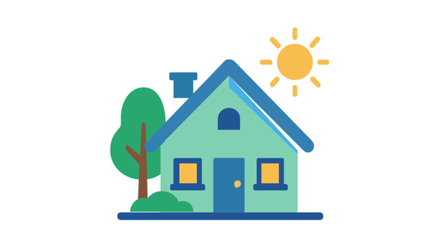 Minimalist flat vector illustration of a charming green house with a blue roof, chimney, lush tree, and shining sun, ideal for real estate, residential property, and home ownership concepts.