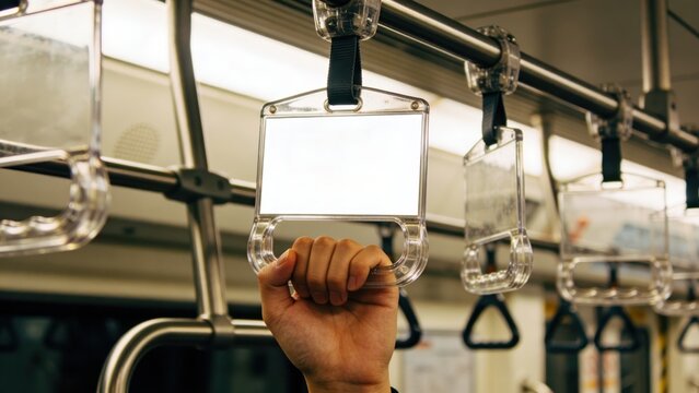 Close-up of a hand gripping a transparent frame, bus handle, hanging straps, and grab bar in an airport shuttle. Empty area for ads on subway handrail in bus, standing support.