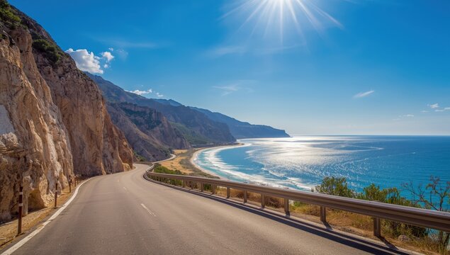 A sunlit asphalt road winds between rocky cliffs along the coast of Crete, Greece, leading to Tris Ekklisies, captured on a hot afternoon.