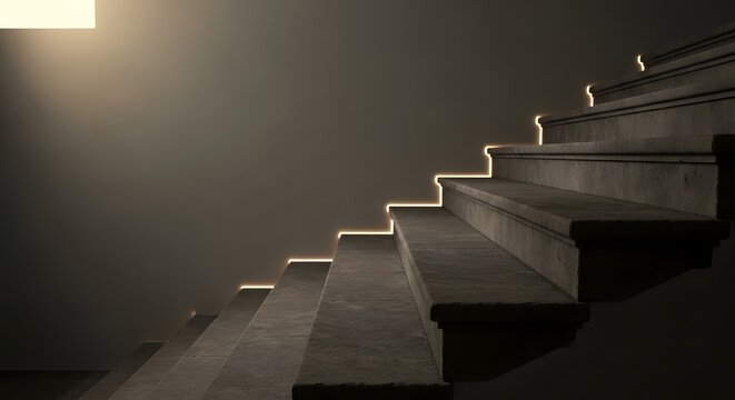 Illuminated Staircase Ascent with Warm Lighting