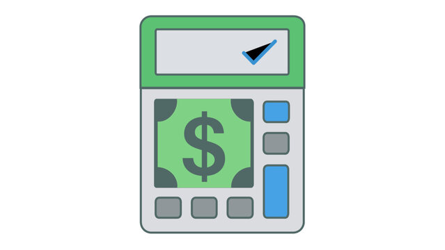 Scalable vector icon illustration of a green and grey calculator with a dollar sign and a blue checkmark, representing insurance claim processing, financial calculation, and payment approval.