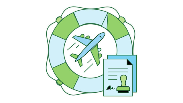 Travel insurance vector icon illustration featuring a lifebuoy encircling an airplane with official documents and a stamp, representing flight safety, trip protection, and emergency coverage.