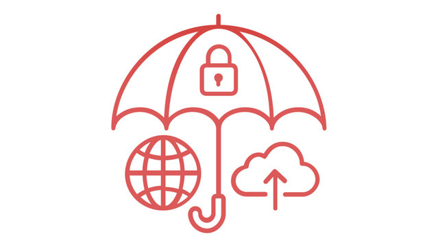 Red line art vector illustration of a travel and data insurance icon featuring a protective umbrella over a globe, a security padlock, and a cloud storage symbol with an upload arrow.