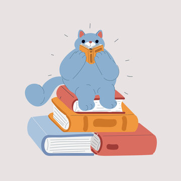 Cartoon vector illustration of cat reading book on stack of books, cozy reading and knowledge concept