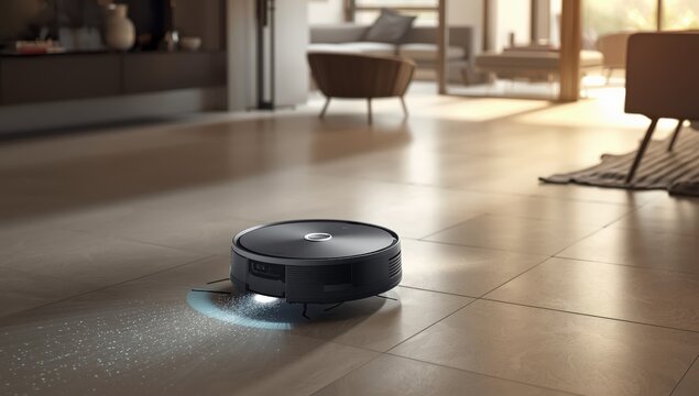 automated vacuum in contemporary smart home, robotic cleaner on tiled surfaces, device removing dust from tiles. Advanced cleaning tech for home maintenance.