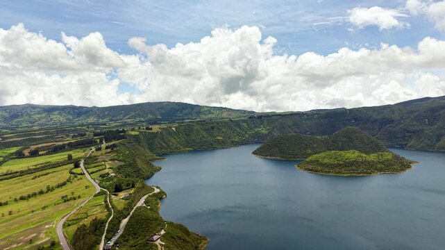 Cinematic Aerial View of Laguna Cuicocha with Cotacachi Volcano in Ecuador