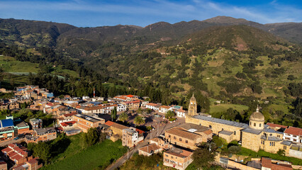 Fototapeta premium Sativasur, Boyacá - Colombia. February 28, 2026. Aerial drone view of one of the 123 municipalities in the department.