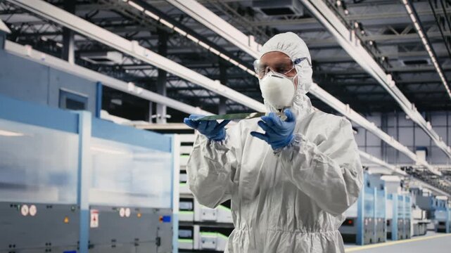 Holding processed silicon wafer, automation and cleanroom technician inside manufacturing facility. Inspecting delicate microelectronic hardware, quality control process and engineer, camera B