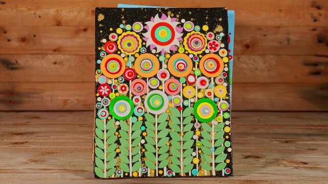 Time lapse display of unique style art works set hand made by artist. Floral still life stop motion with flowers blooming and petals made of acrylic paint circles shapes and forms with petals.