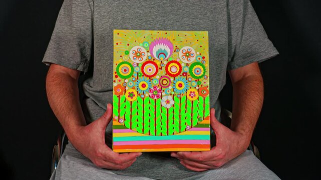 Time lapse of modern premium original fresh artwork paintings of flowers bouquets blooms, display in stop motion rotation. Textured acrylic paint in bold and vibrant colour, creative idea decoration